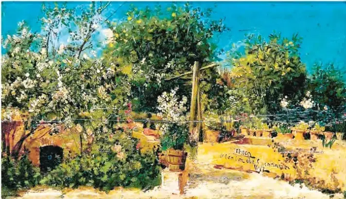 Pintura *Jardín en primavera* de Felipe Checa (1872), con árboles floridos, follaje verde, cielo azul y un sendero.
