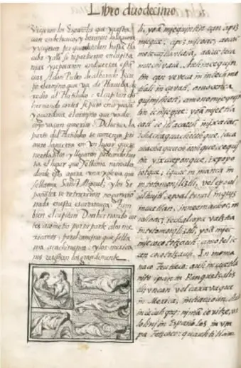 Reproducción de una página del Códice Florentino o documento colonial con texto en náhuatl y latín, e ilustraciones de indígenas.