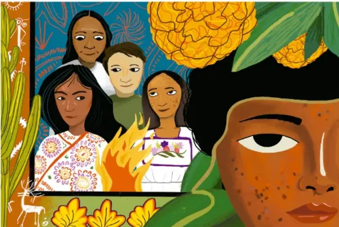 Ilustración de varias personas de distintas edades junto a un rostro grande en primer plano, cactus, flores amarillas y una llama; obra de Rodrigo Gael Martínez Zúñiga, Ciudad de México.