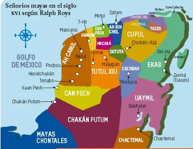 Mapa titulado "Señoríos mayas en el siglo XVI según Ralph Roys", con la península de Yucatán dividida en señoríos de colores y nombres como Ah Canul, Can Pech, Chakan Putum, Tutul Xiu, Cupul, Ekab, Uaymil, Chactemal, entre otros.