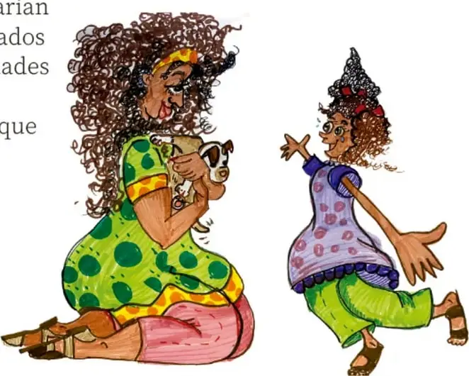 Ilustración de una mujer de cabello rizado sosteniendo un gatito y una niña con vestido de lunares mostrando algo, de estilo caricaturesco (Crédito: Claudia Lucía Bautista Parra, Jalisco).