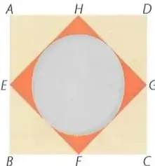 Cuadrado ABCD con puntos medios E, F, G y H; dentro del cuadrado EFGH aparece un círculo inscrito.