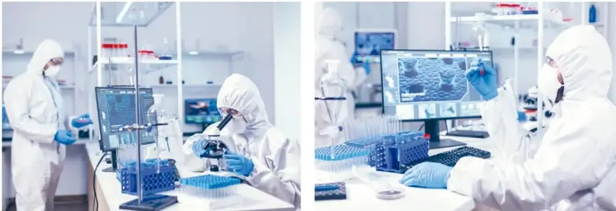 Dos fotografías de laboratorio: personas con equipo de protección, microscopios, tubos de ensayo y computadoras con imágenes de virus.