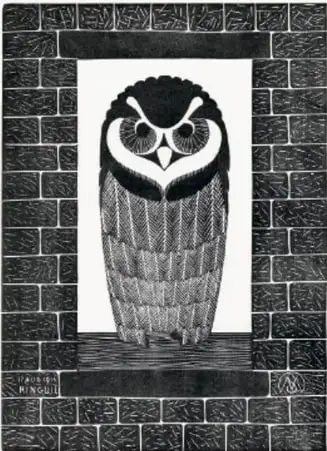 Ilustración en blanco y negro de un búho dentro de un marco de ladrillos.