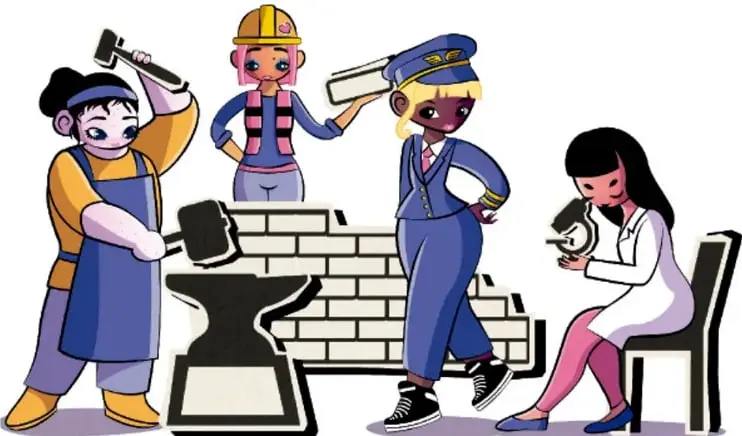 Ilustración de cuatro mujeres realizando oficios: una herrera con martillo y yunque, una albañil con casco y paleta, una policía con uniforme y una médica con bata y estetoscopio. Al pie: 'Esperanza Mendoza Bravo, PUEBLA'.