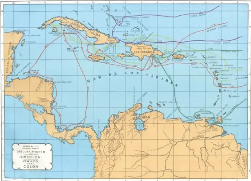 Mapa histórico titulado "Mapa III. Descubrimiento de América. Viajes de Colón". Muestra el mar de los Caribes, las islas de Cuba, La Española, Puerto Rico y Jamaica, las costas de América del Norte, América Central y América del Sur, y las rutas de los viajes de Cristóbal Colón.