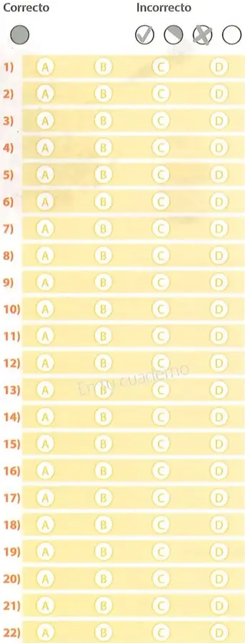 Hoja de respuestas con opciones A, B, C y D para los ejercicios del 1 al 22.