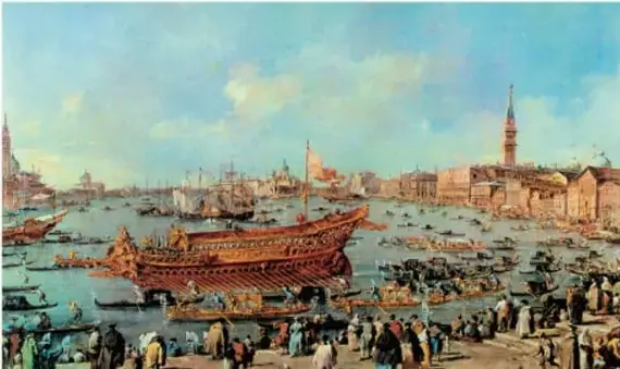 Pintura histórica de un puerto italiano (aparentemente Venecia) con numerosos barcos de vela, embarcaciones en primer plano, multitudes en el muelle y edificios con torres al fondo, ilustrando el auge comercial marítimo mediterráneo.
