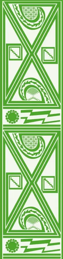 Ilustración geométrica de color verde con motivos prehispánicos/indígenas: triángulos, escalinatas, rosetas y símbolos estilizados dispuestos en un panel vertical repetitivo.