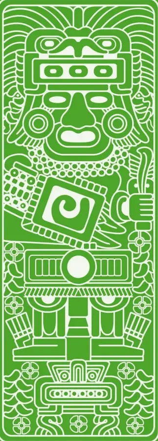Ilustración de estilo prehispánico en blanco sobre fondo verde: máscara o deidad con tocado, elementos y símbolos mesoamericanos.