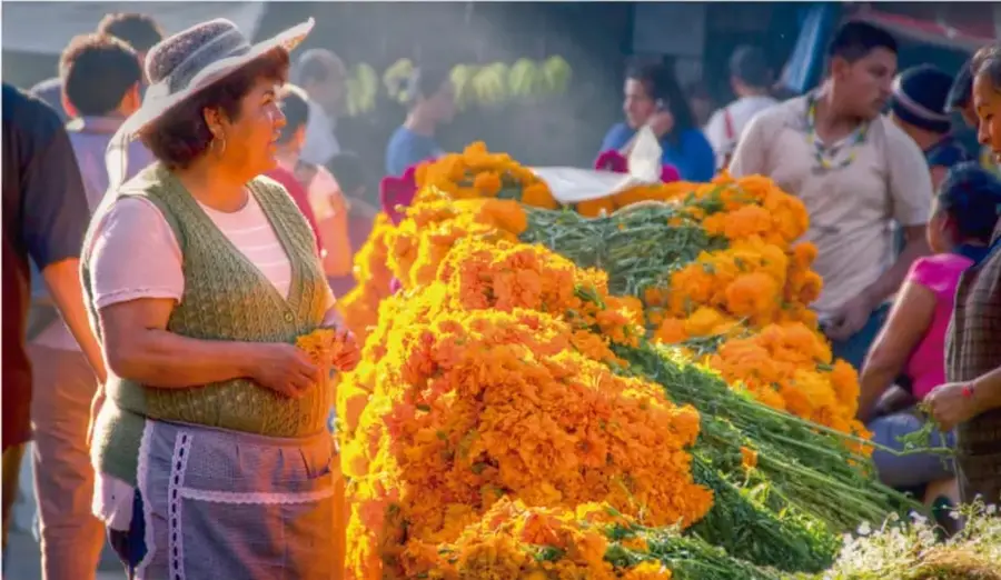 Fotografía de una mujer con sombrero y delantal frente a un puesto de flores de cempasúchil en un mercado, rodeada de otras personas. Representa la vida comunitaria y las tradiciones.