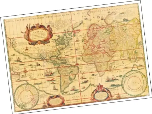 Mapa antiguo del mundo con ilustraciones decorativas, probablemente de los siglos XVI o XVII.