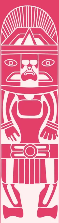Estela prehispánica estilizada en color rosa sobre fondo blanco. Representa una figura antropomorfa con tocado radial, rostro con ojos y nariz marcados, brazos extendidos con manos abiertas, cinturón con círculo central y falda con franjas verticales. Evoca el arte mesoamericano y la raíz cultural de México.