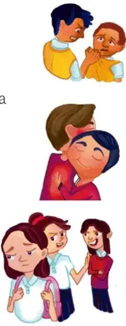Ilustración de un niño que jala/tira del brazo de otro niño que llora, escoltados por un adulto; representa agresión física.