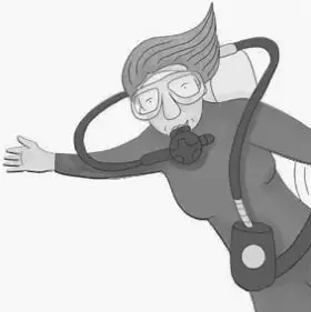 Ilustración de una buza profesional con máscara, tubo de aire y traje de buceo, representando a Sylvia Earle como exploradora del océano.