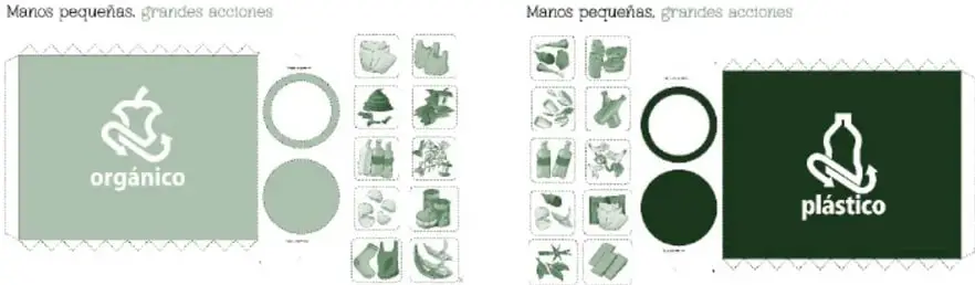 Plancha 'Manos pequeñas, grandes acciones' con el bote armable verde claro rotulado 'orgánico', dos círculos (bases del cilindro) y una columna de tarjetas con imágenes de residuos (cáscaras, comida, botellas, cajas, bolsas).