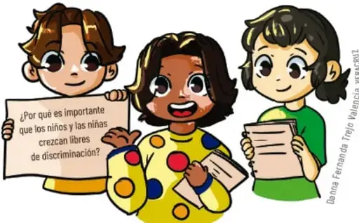Tres estudiantes sostienen carteles; uno dice: '¿Por qué es importante que los niños y las niñas crezcan libres de discriminación?'.