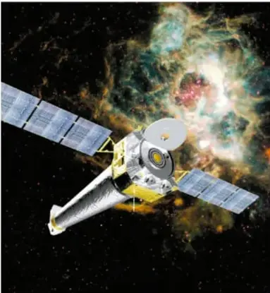 Ilustración de un satélite espacial con paneles solares frente a una nebulosa de colores.