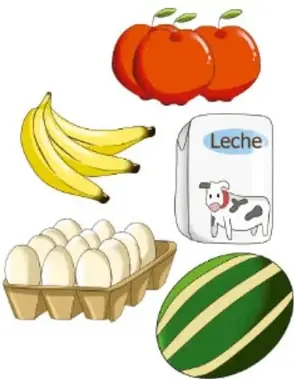 Ilustración de alimentos saludables: manzanas, plátanos, leche, huevos y una sandía.