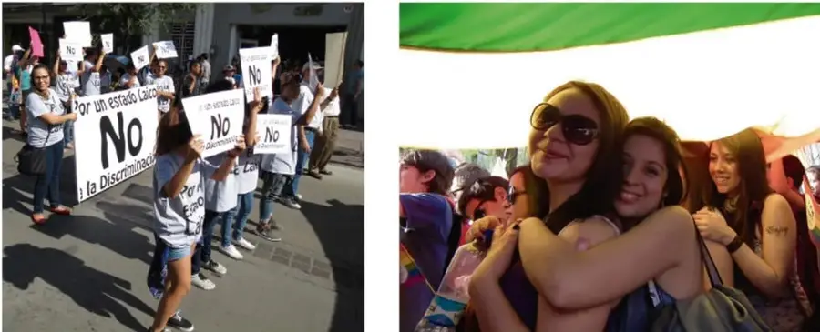 Marcha ciudadana con carteles que dicen "No a la discriminación" y "Por un estado laico"; personas caminando en la calle.