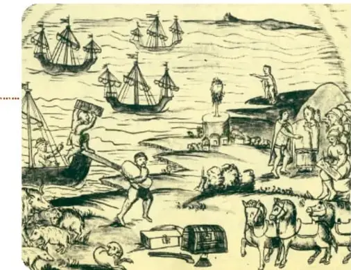 Grabado histórico que muestra barcos europeos llegando a costas americanas, con personas y animales en tierra.