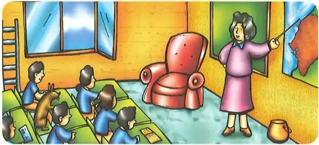 Ilustración de un salón de clases con estudiantes, una docente y varios objetos, entre ellos algunos que no corresponden al aula.