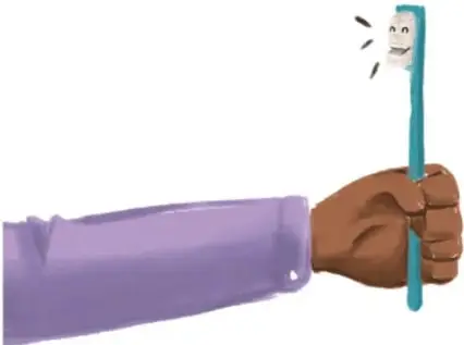 Mano con manga morada sujetando un cepillo de dientes del que salta su pastilla con cara y brazos, como si fuera animada.
