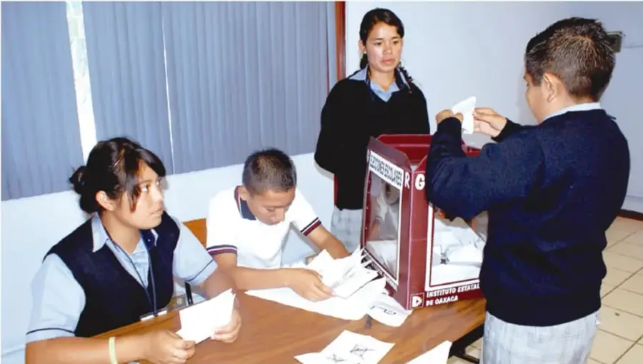 Estudiantes en una elección escolar: una chico deposita su boleta en una urna roja con mica mientras tres compañeras, aparentemente funcionarias de casilla, registran y organizan boletas en una mesa.