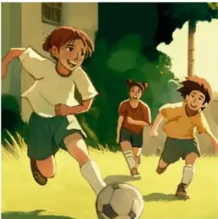 Niños jugando fútbol en una cancha, uno de ellos patea el balón.