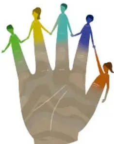 Ilustración de una mano de la que brotan cinco figuras humanas de colores tomadas de la mano, representando la diversidad y la unidad.