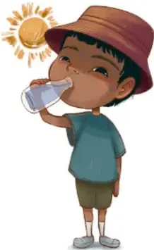 Ilustración de un niño con sombrero cafén bebiendo agua de una botella bajo un sol radiante (para el calor). Firma: Francisco Fabián Murillo Ruiz, UAMUNITU.