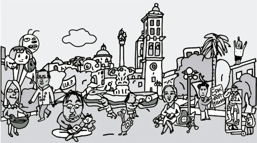 Ilustración en blanco y negro de una escena urbana con personas adultas, niñas y niños en una plaza; aparecen edificios, una torre con reloj, una palmera, un cartel con las letras UAP y otro cartel con la frase 'Sí, sí, genial'.