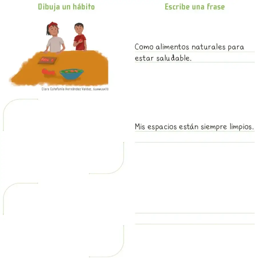 Dos niños detrás de una mesa color ocre con una tabla de picar y un tazón con ensalada de alimentos naturales. Crédito: Clara Estefanía Hernández Valdez, Guanajuato.