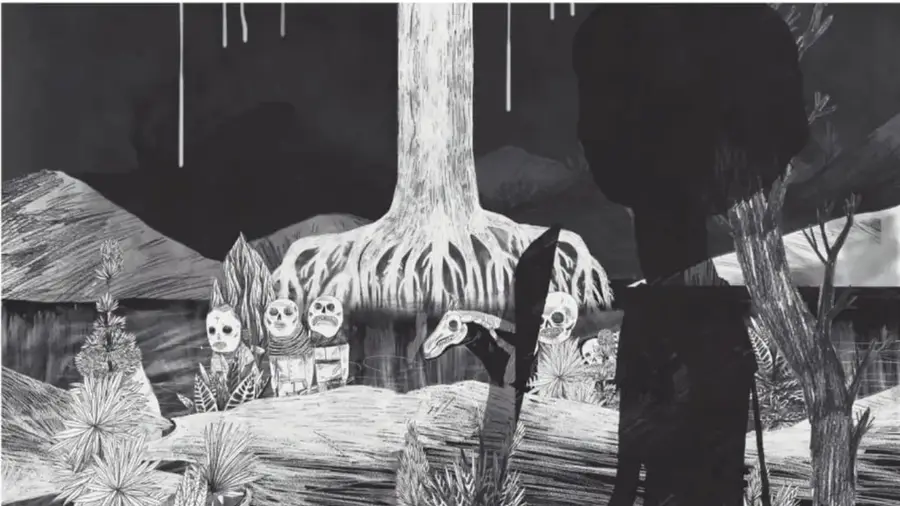 Ilustración en blanco y negro de un paisaje nocturno: árbol grande con raíces expuestas en el centro, vegetación baja, varios cráneos humanos, un ave (búho) posada y una silueta oscura humana a la derecha; estilo de grabado.
