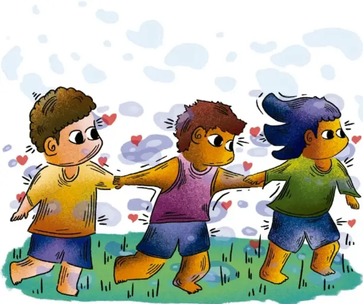 Ilustración de tres niños tomados de la mano caminando sobre el pasto, rodeados de corazones y nubes, que representa la convivencia y el trabajo en comunidad. Crédito: Luis Fernando Sotelo Gaspar, Querétaro.