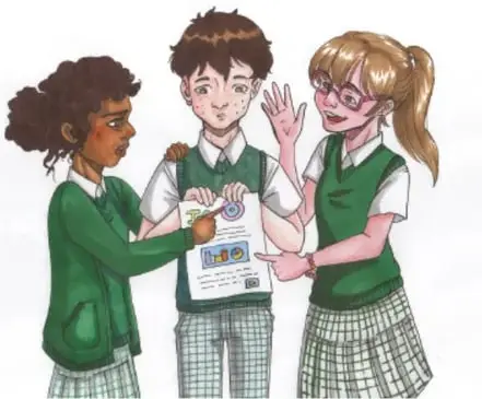 Ilustración de tres estudiantes con uniforme verde y pantalón/falda cuadros, dos de ellos entregando o revisando un cartel pequeño a un compañero; crédito a Glenn Ávila Mancera, Morelos.