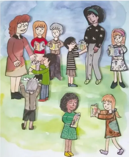 Ilustracion de un grupo de ninos y una maestra en un patio, unos leen libros y otros conversan; al pie dice 'Nina Guzman Garcia, Estado de Mexico'.
