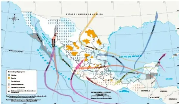 Mapa de México con las trayectorias de huracanes en el Océano Pacífico y el Golfo de México, zonas de riesgo sombreadas y leyenda de zonas de peligro.