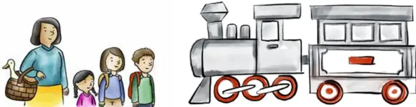 Ilustración de una señora con un canasto del que asoma una pata, tres niños de pie y una locomotora de tren de color gris con ruedas rojas.