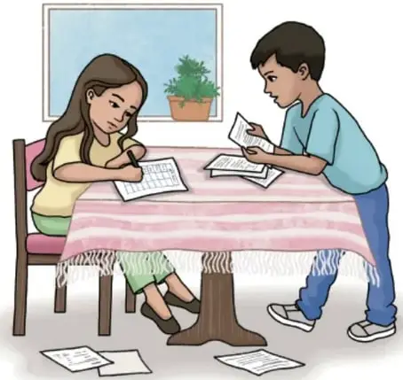 Ilustración de dos niñas trabajando en una mesa con papeles y un cuaderno, registrando datos. Crédito: Marcela Aguiar Lamadrid, SONORA.