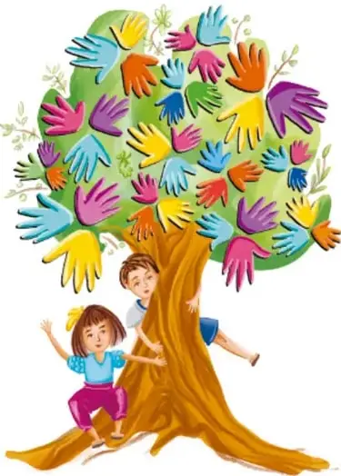 Ilustración del árbol Ubuntu terminado: tronco café y copa llena de manos de colores (amarillas, rosas, azules, verdes) como hojas; dos niños juegan junto al trono. Crédito: Nidia Alejandra Hernández Hernández, Ciudad de México.