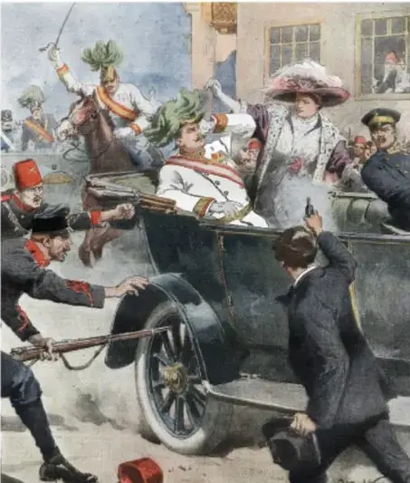 Ilustración de la época que representa el asesinato del archiduque Francisco Fernando en Sarajevo, con figuras militares y civiles.