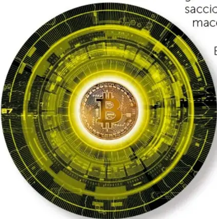 Moneda digital dorada con el símbolo de Bitcoin rodeada de anillos tecnológicos verdes, representando las criptomonedas.