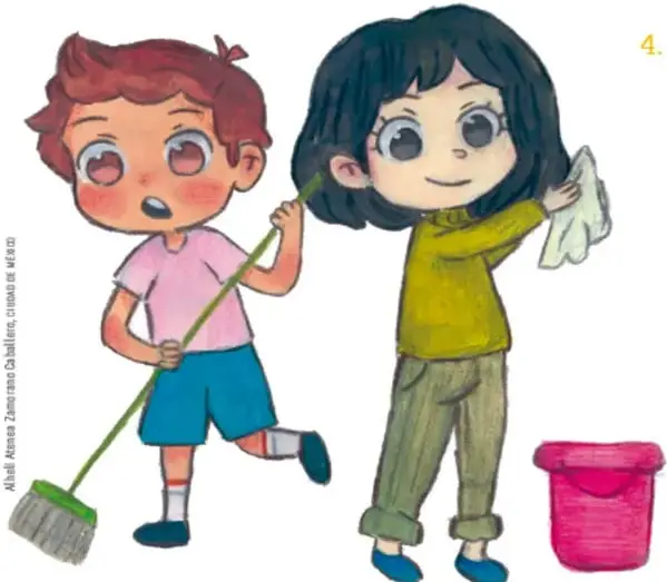 Niño y niña junto a un árbol pequeño; la niña sostiene una regadera verde.