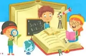 Ilustración de niños y materiales escolares junto a una pizarra y libros.
