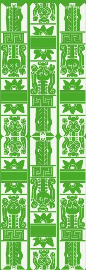 Decoración vertical en verde con motivos geométricos y figurativos de inspiración prehispánica (grecas, figuras antropomorfas y florales), en tres franjas.