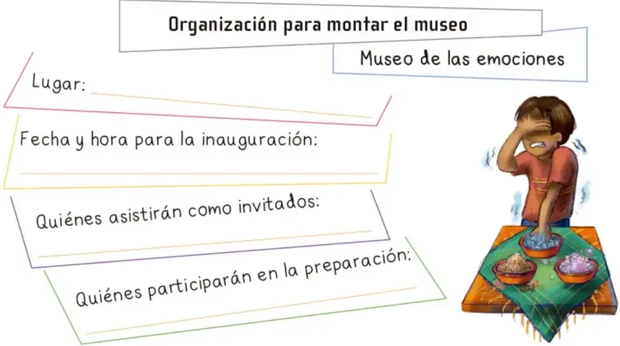 Ilustración de un niño con la mano en la frente, al lado de una mesa con tres recipientes de comida o material, sobre un mantel.