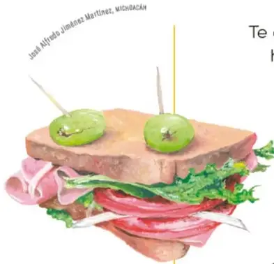 Ilustración de un sándwich con lechuga, jitomate, carne y aderezos.