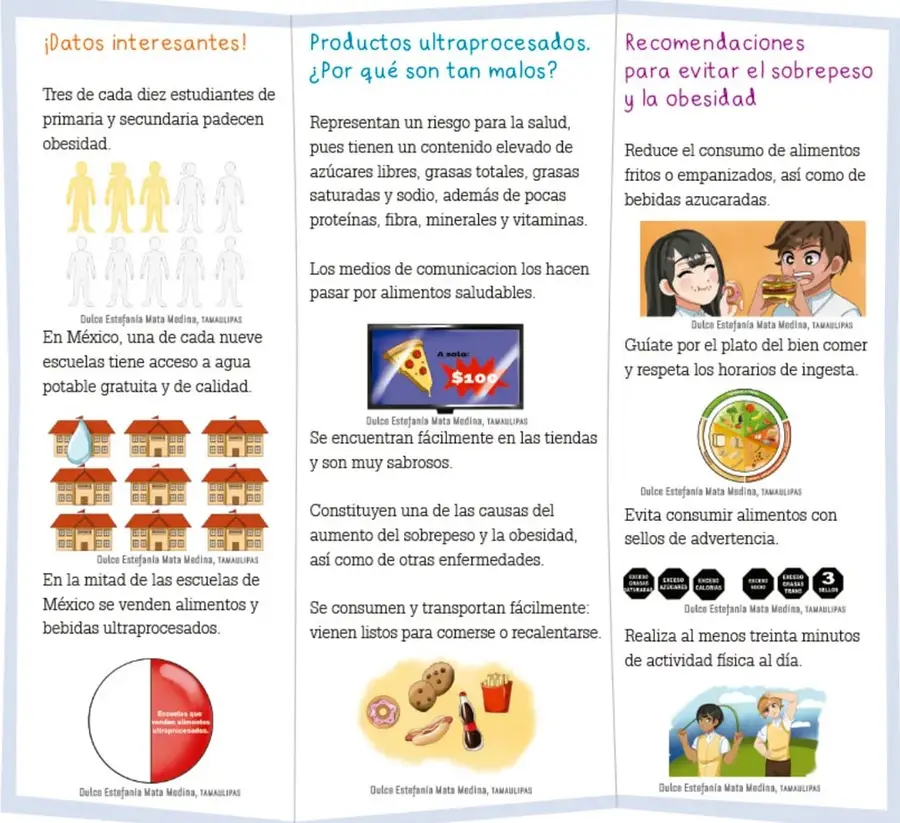 Siluetas de personas que representan 3 de cada 10 con obesidad; casas con gota de agua; gráfico circular con mitad roja.