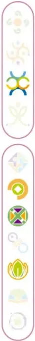 Franja vertical con símbolos de emociones y valores (caritas, listones, figuras).